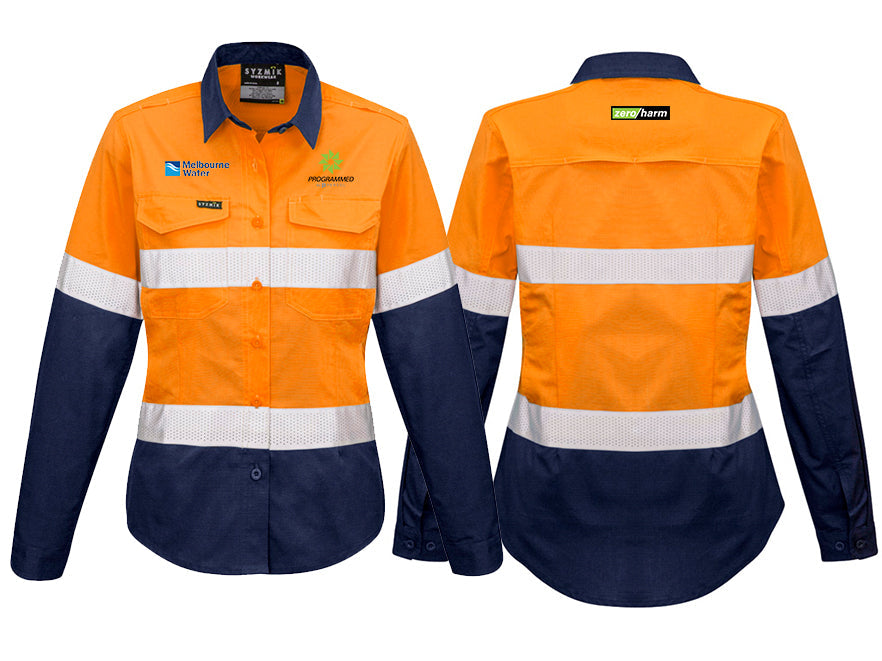 WOMENS RUGGED COOLING HI VIS TAPED LONG SLEEVE SHIRT - ORANGE/NAVY