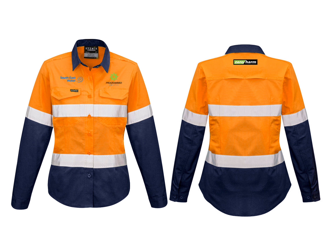 WOMENS RUGGED COOLING HI VIS TAPED LONG SLEEVE SHIRT - ORANGE/NAVY