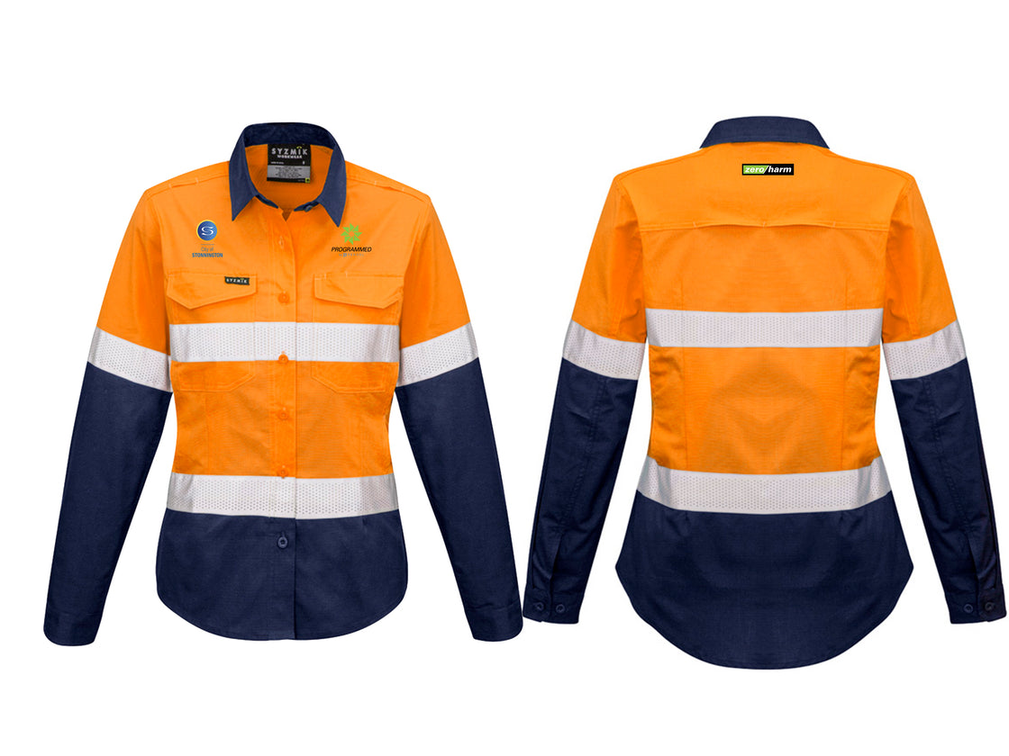 WOMENS RUGGED COOLING HI VIS TAPED LONG SLEEVE SHIRT - ORANGE/NAVY