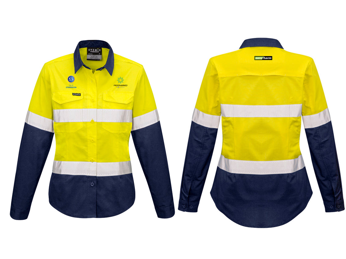 WOMENS RUGGED COOLING HI VIS TAPED LONG SLEEVE SHIRT - YELLOW/NAVY