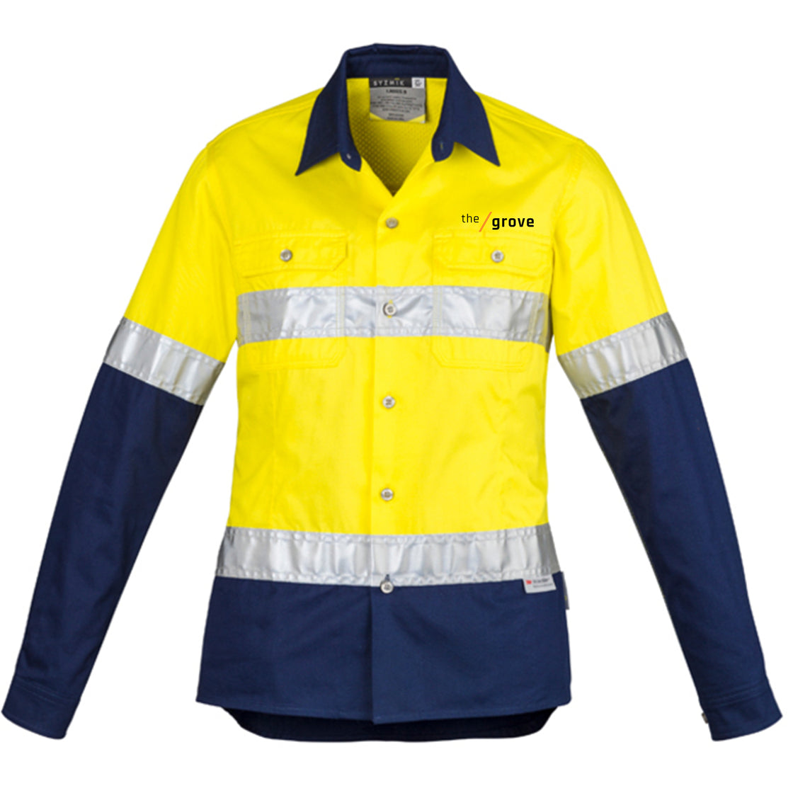 WOMENS HI VIS SPLICED INDUSTRIAL SHIRT - HOOP TAPED - YELLOW/NAVY