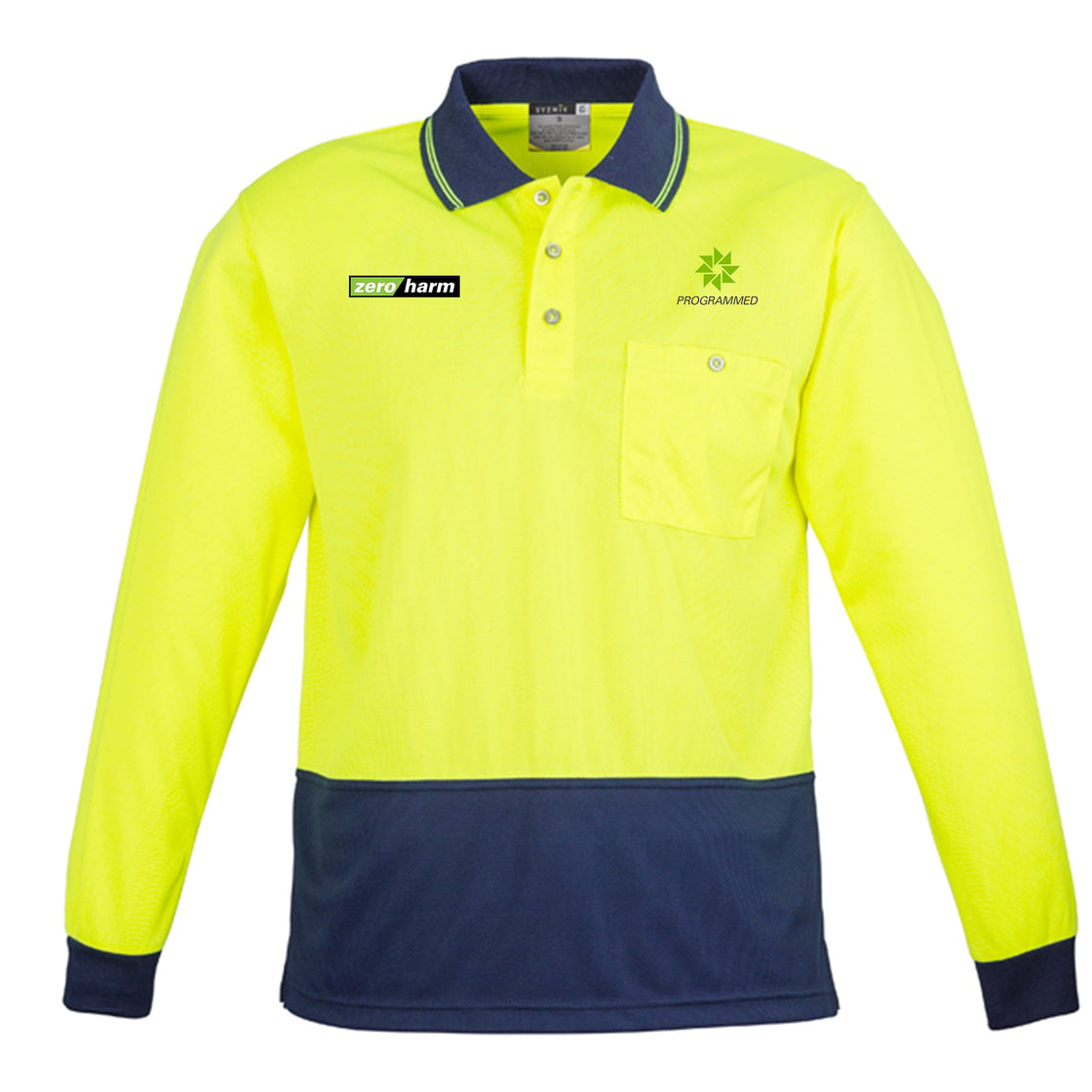 UNISEX HI VIS BASIC LONG SLEEVE POLO - YELLOW/NAVY